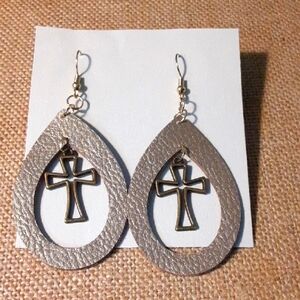 Gold Teardrop Cross Earrings